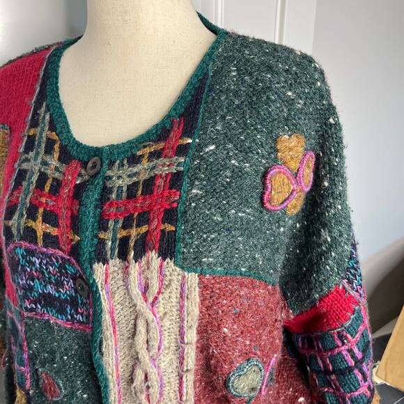 VTG Women's Sweater XL Cardigan Green Red Patchwork Grandmacore Cottagecore - Picture 7 of 9